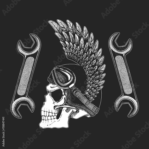 Evil skull with spanners Hand drawn vector icon