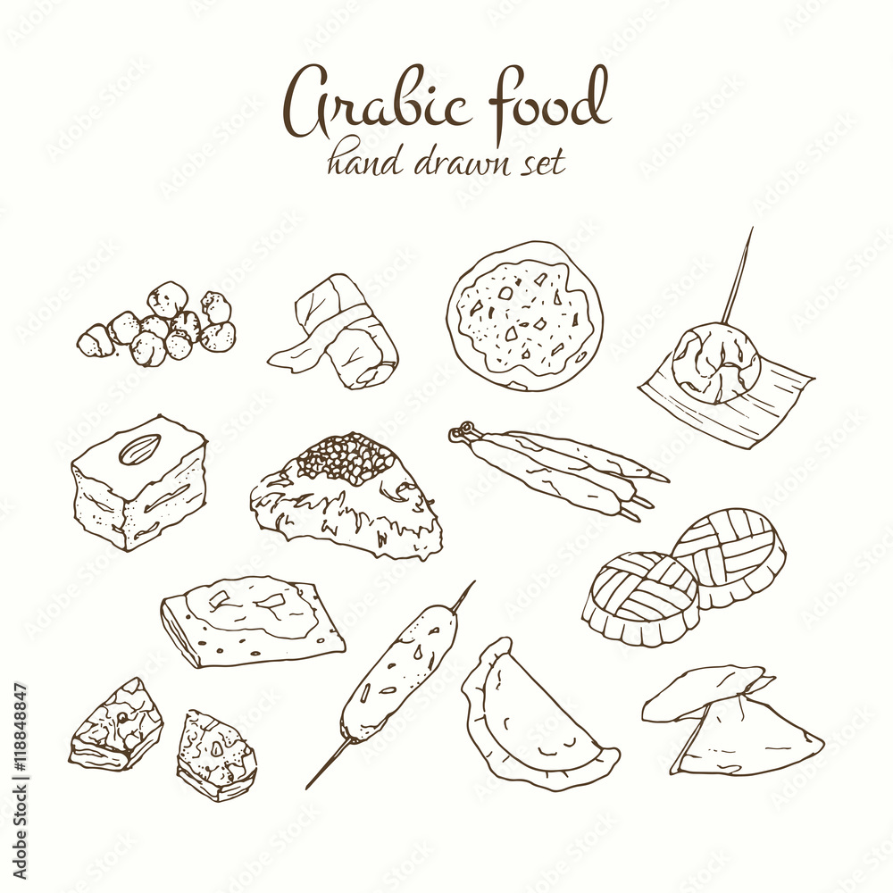 Arabic food vector set. Arabian cuisine illustration.