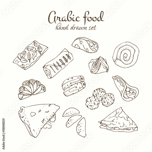 Arabic food vector set. Arabian cuisine illustration.