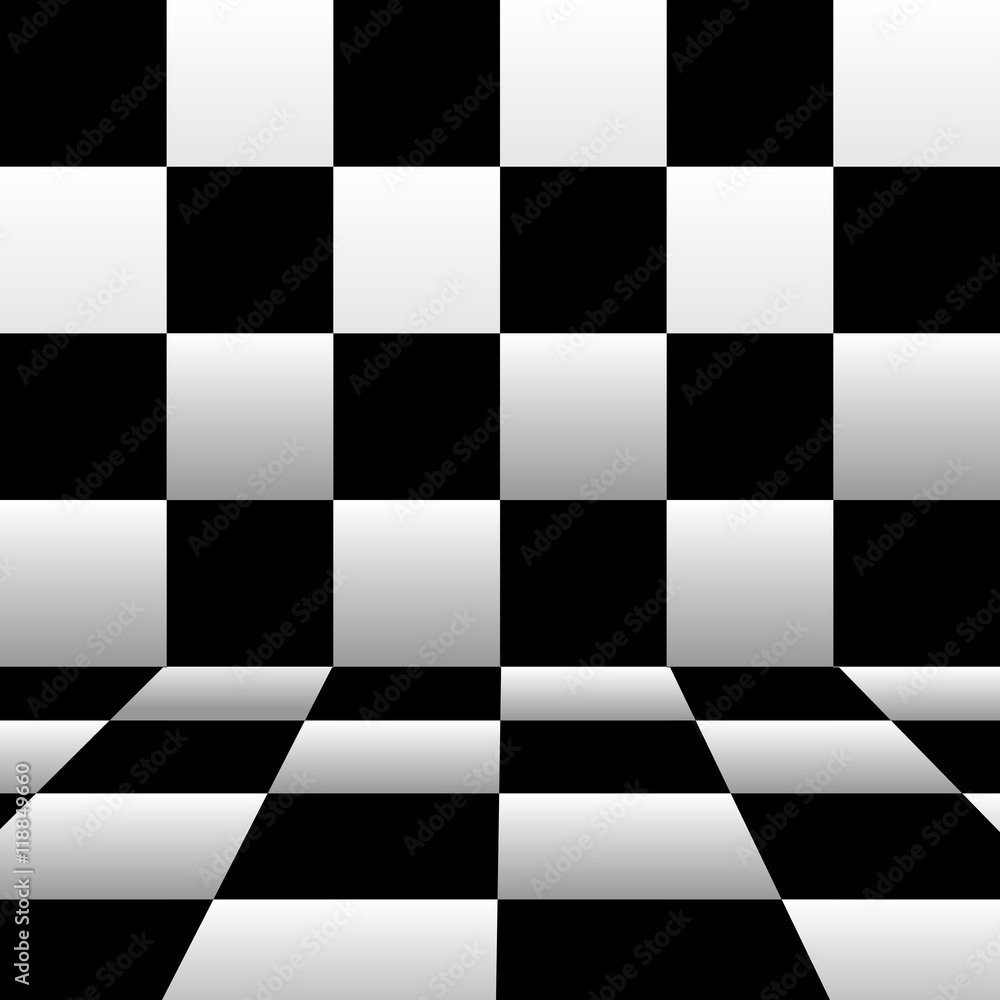 Fototapeta premium Black and white checkerboard background with the wall and the floor. Vector artwork in perspective. 