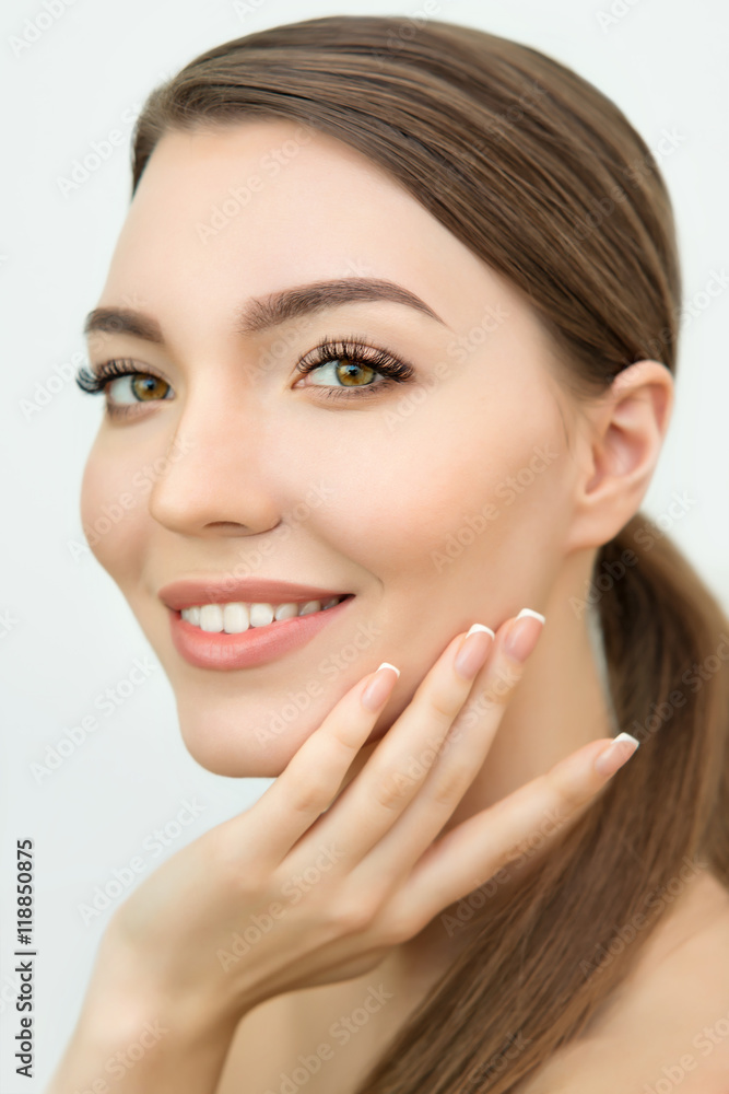 Beauty Model with  Perfect Fresh Skin and Long Eyelashes.