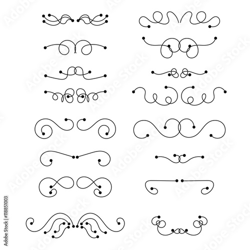 Abstract black thin line curly headers. Retro design element set isolated on white background. Dividers in linear style. Hand drawn swirls. Vector illustration.