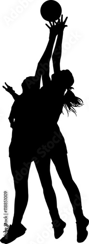 Obraz na plátně Silhouette of girls ladies netball players competing for ball in