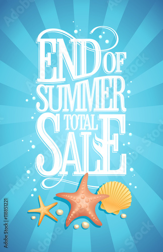 End of summer total sale design concept, blue water  backdrop with starfishes, shell and air bubbles, vintage style