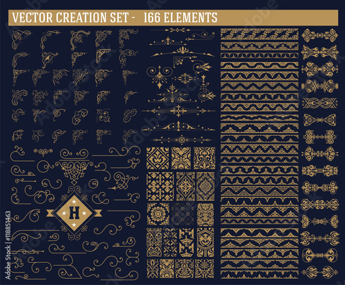 166 elements set. Corners, accents, borders and patterns set