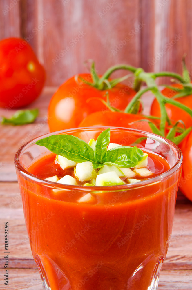 Tomato gazpacho in a glass with basil ang zucchini Tomato gazpacho in a glass with basil ang zucchini