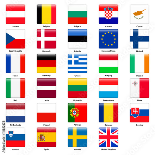 All flags of the countries of the European Union. Square glossy style