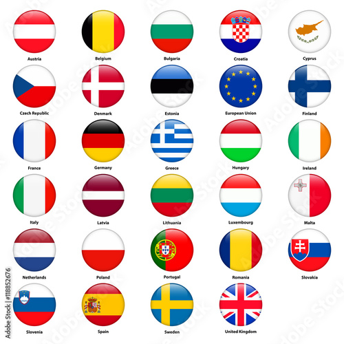 All flags of the countries of the European Union. Round glossy style
