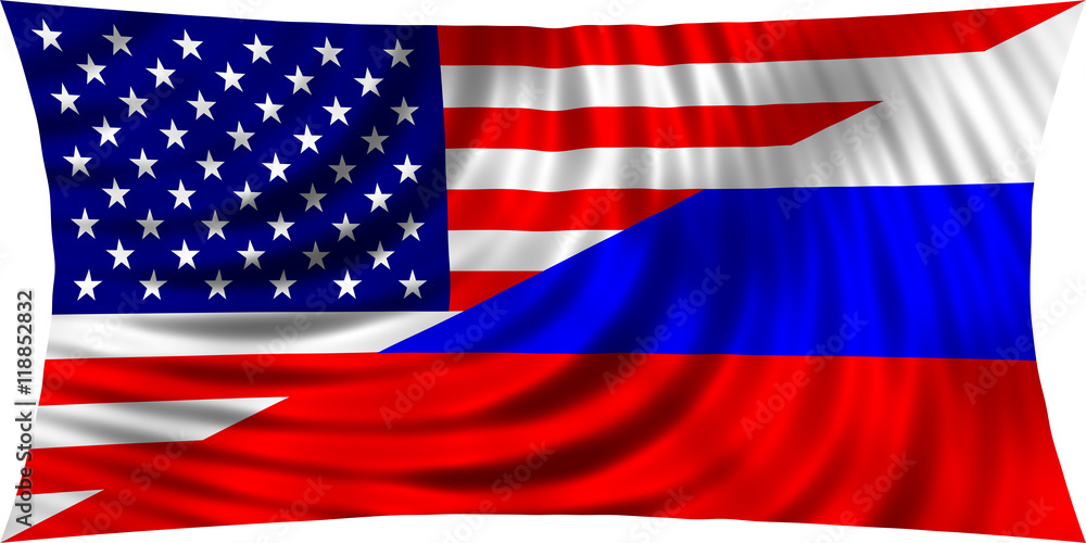 American and Russian flag together waving on white American and Russian flag together waving on white