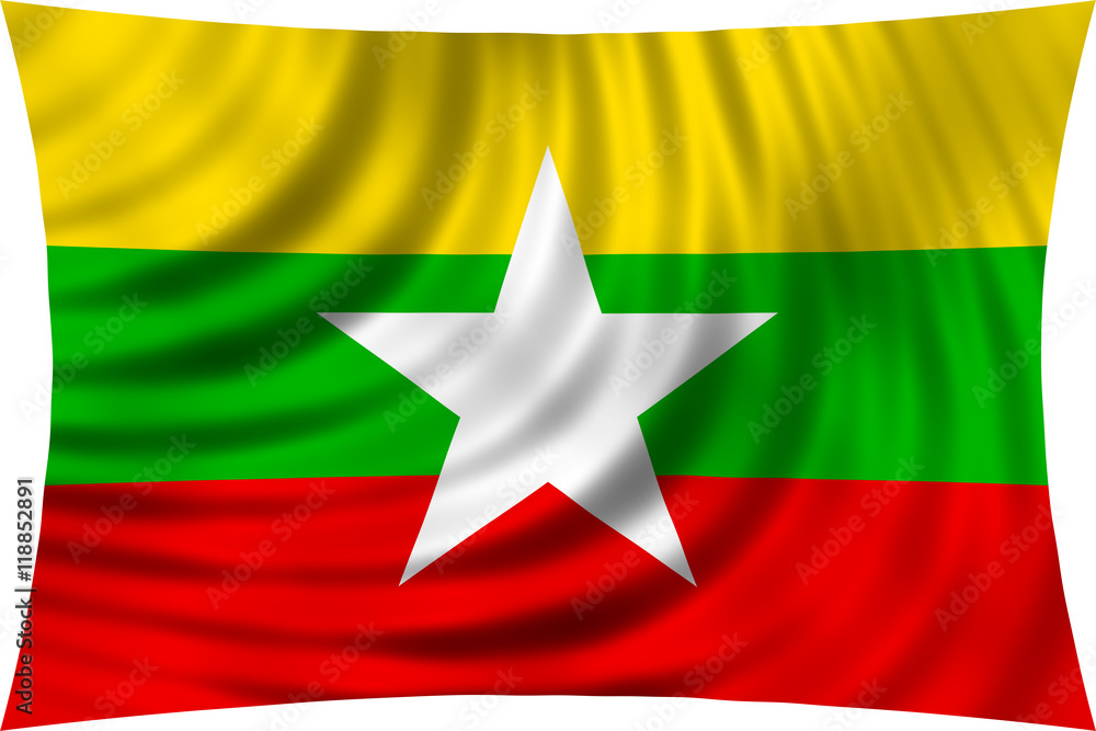 Flag of Myanmar waving in wind isolated on white Flag of Myanmar waving in wind isolated on white