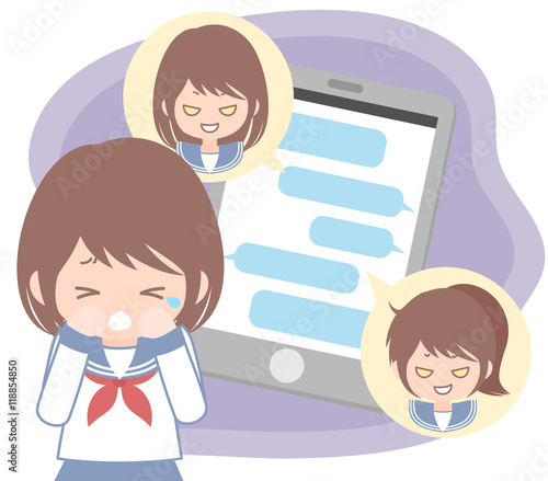 女子学生（中学生・高校生）ネットいじめ（セーラー服）イメージ　白背景・ベクター