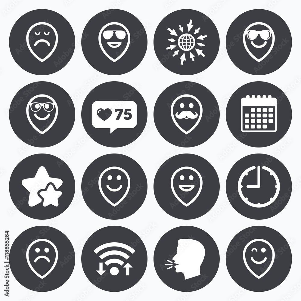 Smile icons. Sunglasses, mustache and laughing. Smile icons. Sunglasses, mustache and laughing.