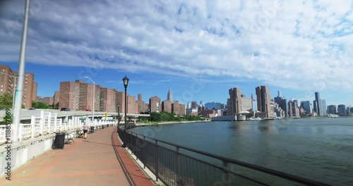 A rider's perspective on the East River Bikeway near Stuyvesant Town with the Empire State Building in the distance.  	