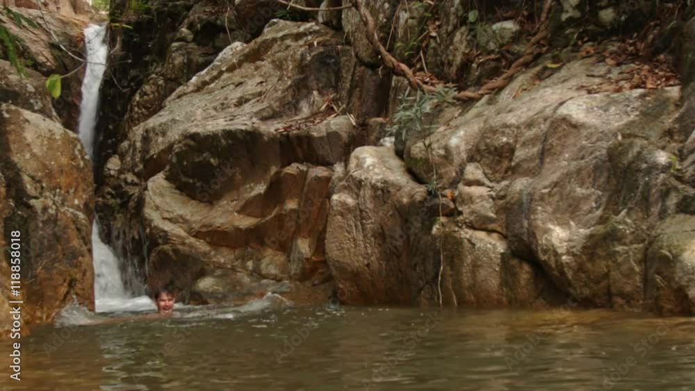 Guy Jumps Gambols in River Close to Waterfall Cascade Guy Jumps Gambols in River Close to Waterfall Cascade