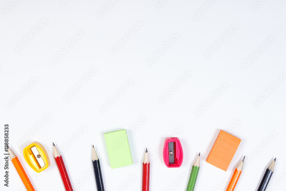 School and office accessories on white background, back to school concept, copy space for text School and office accessories on white background, back to school concept, copy space for text