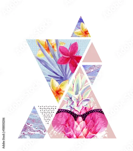 Naklejka na ścianę Trójkąt z okularami przeciwsłonecznymi, liściem palmowym wachlarza i ananasami.