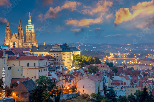 Prague at sundown time and Famous Saint Vitus' Cathedral