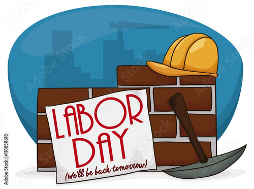Cartoon Poster with a Sign Over a Wall to Celebrate Labor Day, Vector Illustration