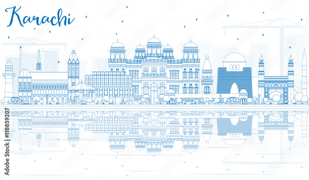 Outline Karachi Skyline with Blue Landmarks and Reflections.