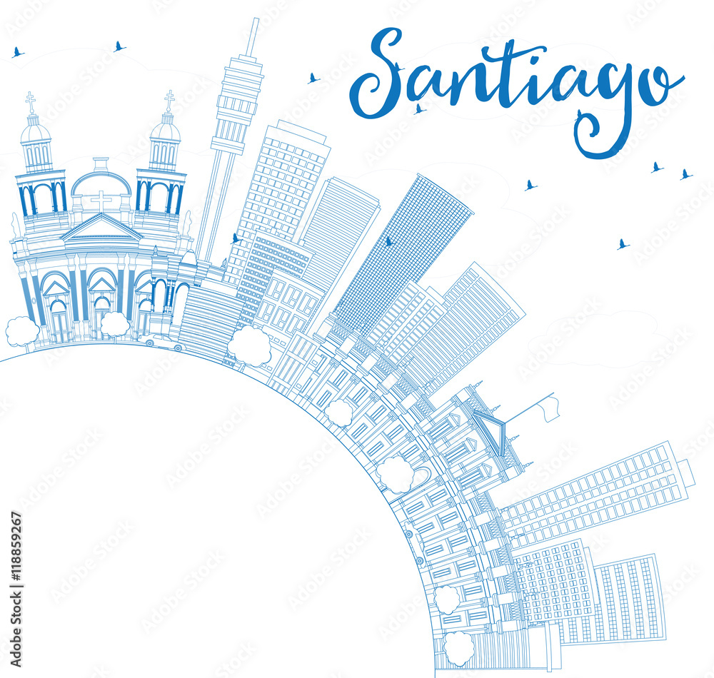Outline Santiago Chile Skyline with Blue Buildings and Copy Space