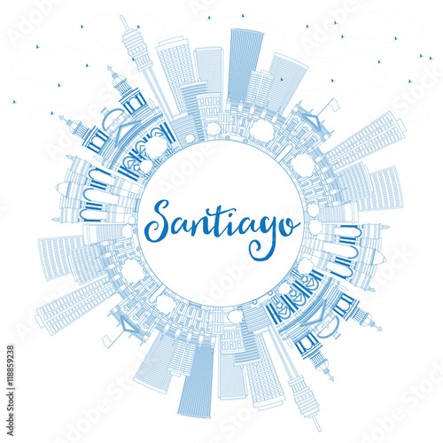 Outline Santiago Chile Skyline with Blue Buildings and Copy Space