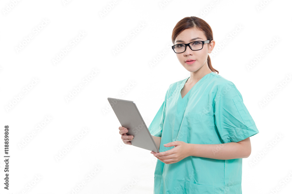Asian doctor holding a digital tablet.