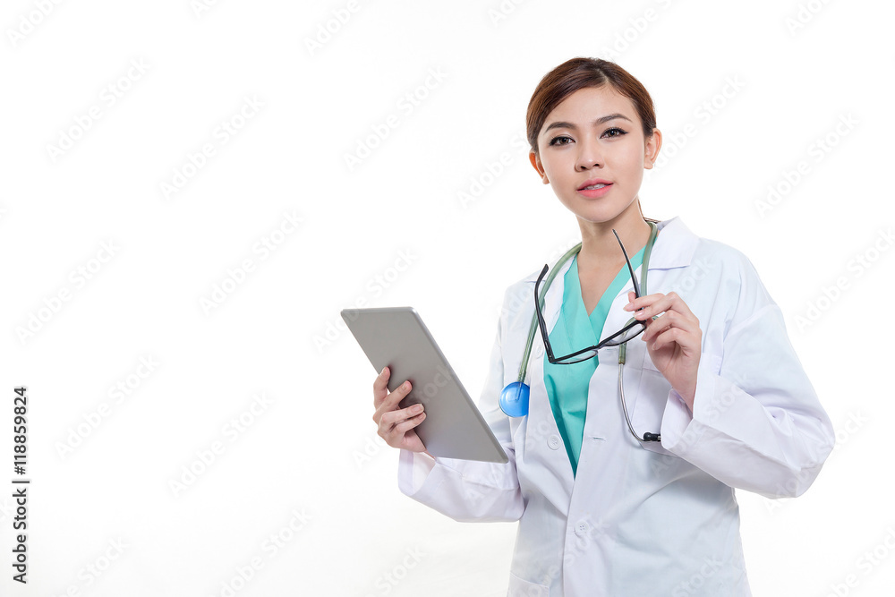 Female Asian doctor holding a digital tablet. Female Asian doctor holding a digital tablet.