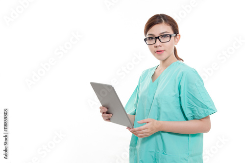 Asian doctor holding a digital tablet.