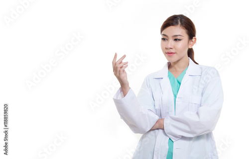 Portrait Female Asian doctor wearing a green Scrubs and stethoscope. 