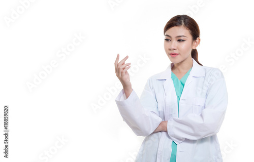 Photography Portrait,Female Asian doctor wearing a green Scrubs and stethoscope