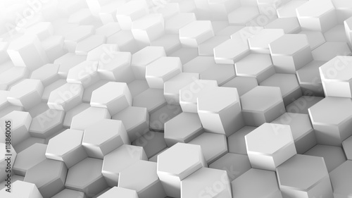 White hexagons extruded chaotic 3D render