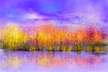 Papier peint photo Pourpre Oil painting landscape - colorful autumn trees. Semi abstract image of forest, trees with yellow, red leaf and lake. Autumn, Fall season nature background. Hand Painted landscape, Impressionist style  © nongkran_ch