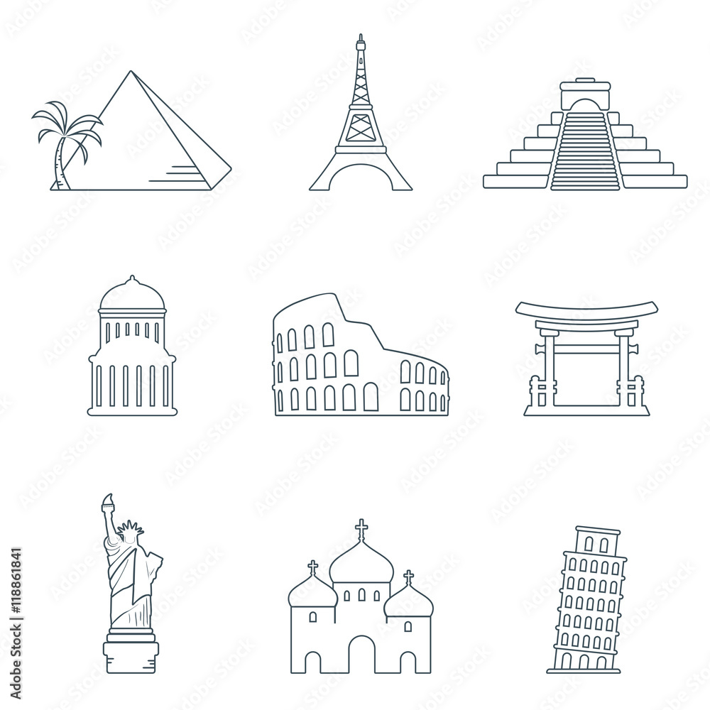 World landmarks line icons World landmarks line icons