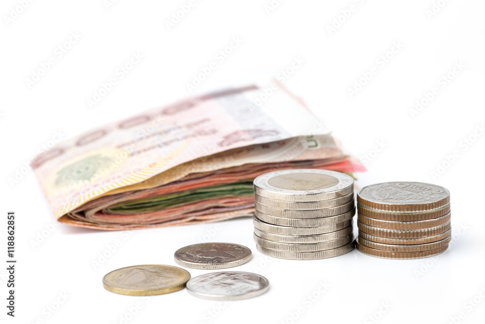 Thai cash and coins isolated on white background Thai cash and coins isolated on white background
