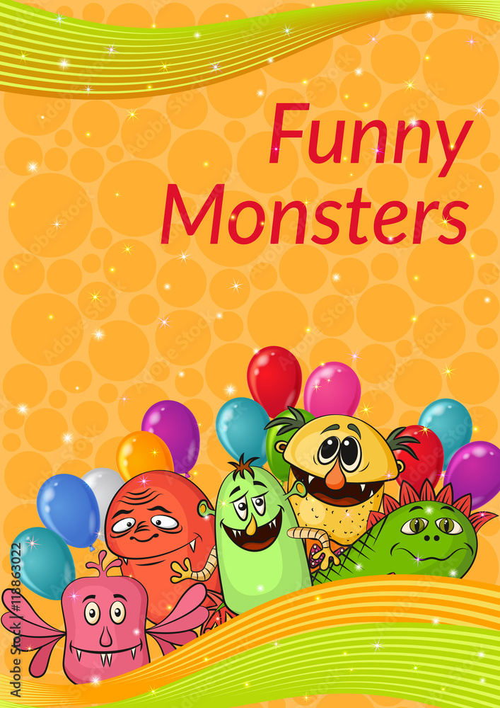 Fototapeta premium Background for Your Holiday Party Design with Different Cartoon Monsters, Colorful Illustration with Cute Funny Characters. Eps10, Contains Transparencies. Vector