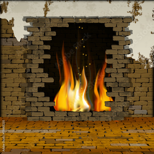 Old brick wall with a fireplace and floor in perspective