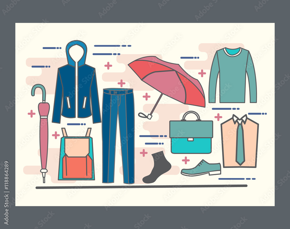 Line icons set with flat design elements of man wardrobe. Line icons set with flat design elements of man wardrobe.