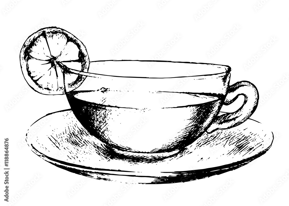 Hand drawn tea cup on white background. Black and white cup with saucer ...