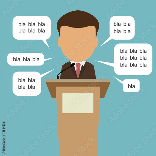Blah blah politician. Concept of lie on debates or president election. Blank template face with speech bubbles.