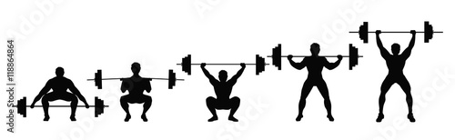 Squat with barbell. Process of squat with heavy barbell. Weightlifting, bodybuilding.