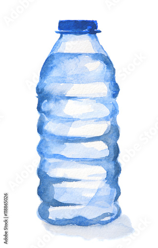 Watercolor plastic bottles. Blue bottle with water standing on white background. Fresh healthy beverage.