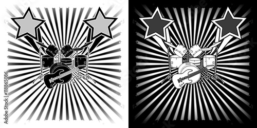 musical background drum kit and guitar black white clipart