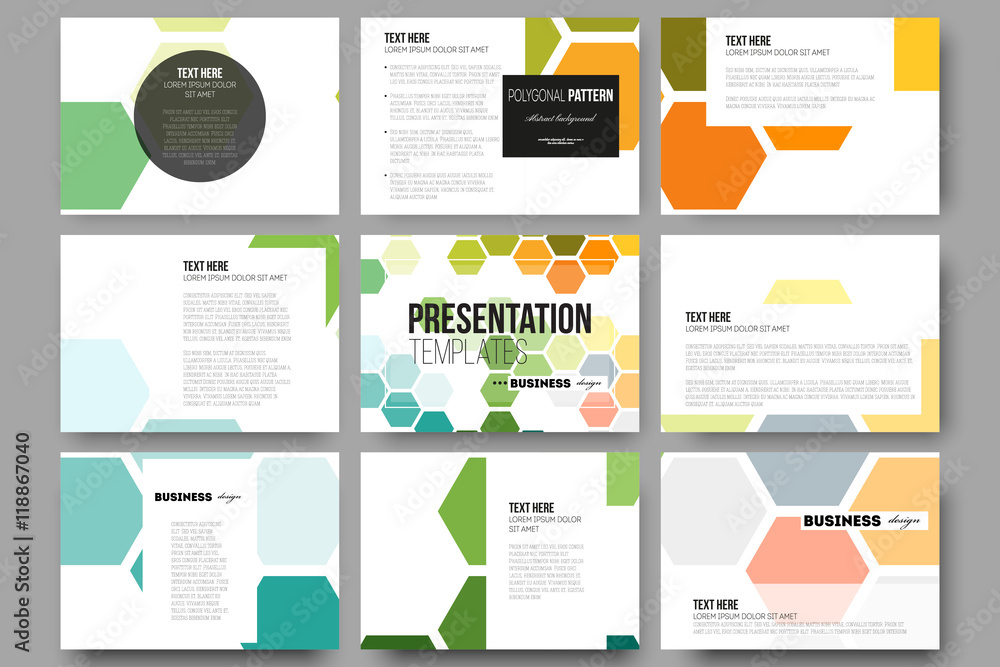 Set of 9 templates for presentation slides. Abstract colorful business background, modern stylish hexagonal vector texture Set of 9 templates for presentation slides. Abstract colorful business background, modern stylish hexagonal vector texture