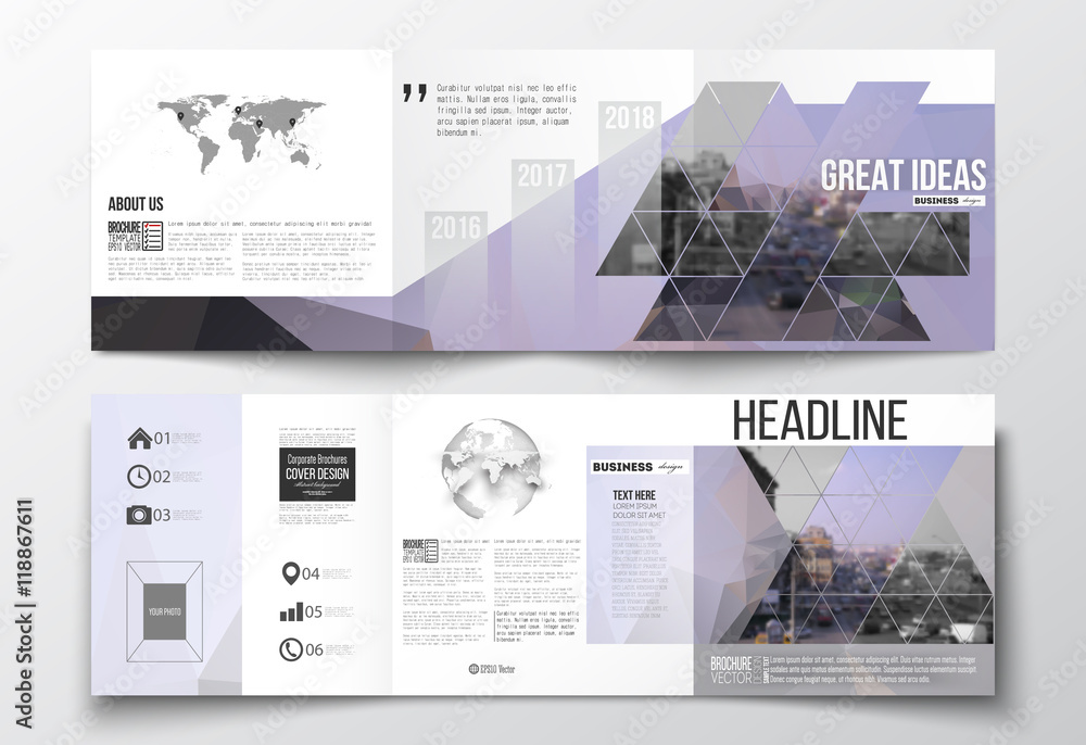 Set of tri-fold brochures, square design templates. Polygonal background, blurred image, urban landscape, modern stylish triangular vector texture