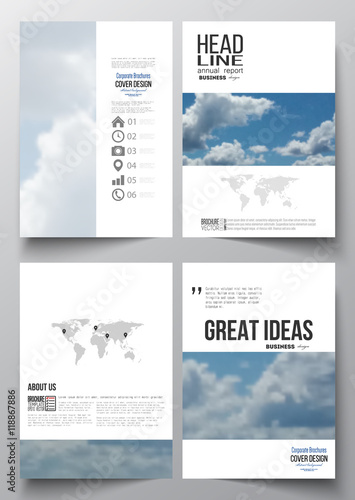 Set of business templates for brochure, magazine, flyer, booklet or annual report. Beautiful blue sky, abstract background with white clouds, leaflet cover, layout, vector illustration.