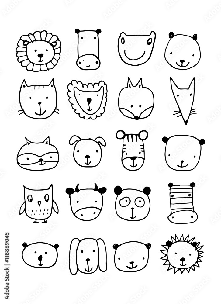 Set of animal faces, sketch for your design Set of animal faces, sketch for your design