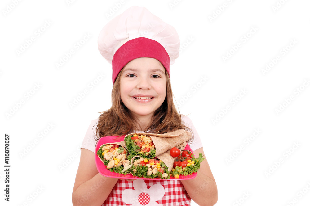 Happy little girl cook with burritos fast food Happy little girl cook with burritos fast food