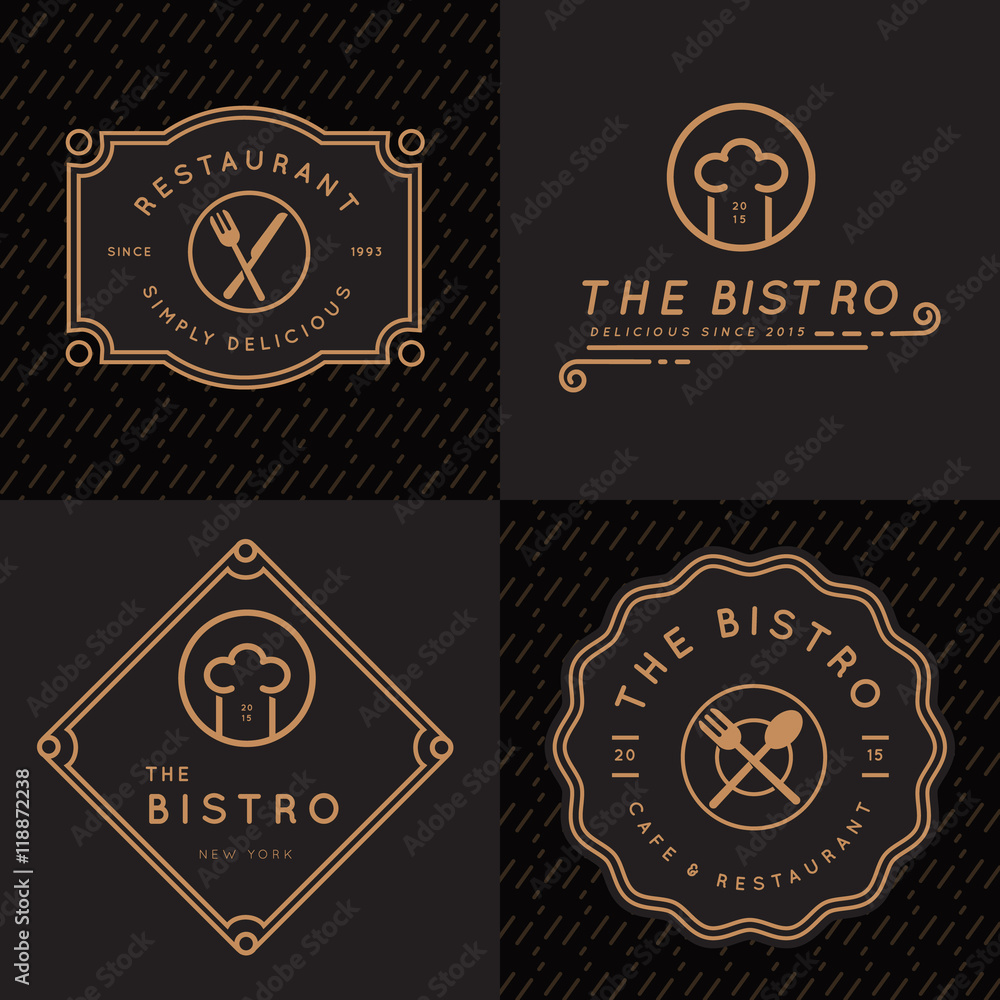 Set of vintage badges, banner, labels and logos for food restaurant, foods shop and catering in linear design. Vector illustration.