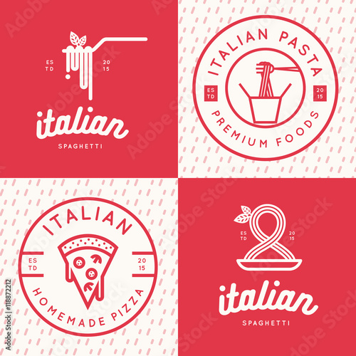 Set of italian food logo, badges, banners, emblem for fast food, pizza, spaghetti, pasta restaurant. Vector illustration.