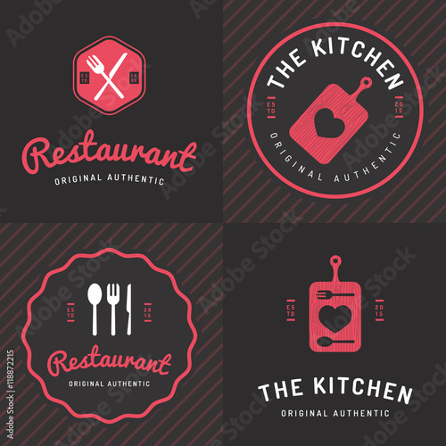 Set of badges, labels and logos for food restaurant, foods shop and catering. Vector illustration.